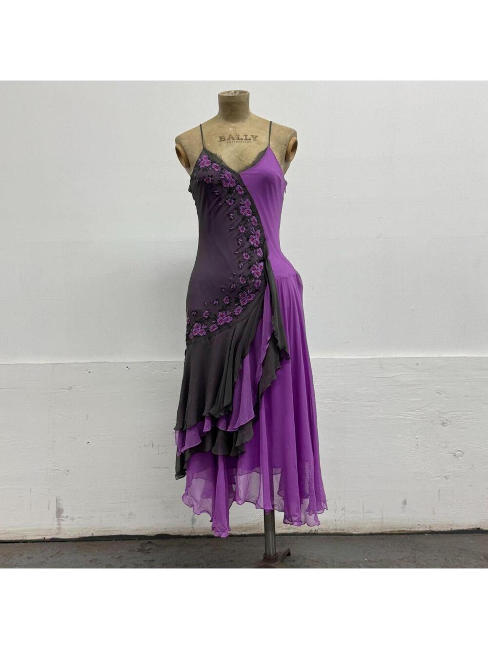 Vintage Cacharel Two-Tone Silk Embroidered Midi Dress